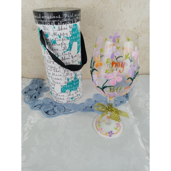 Delish Hand Painted Wine Glass My BFF with Pink Orange Purple Flowers 9" - Picture 1 of 6
